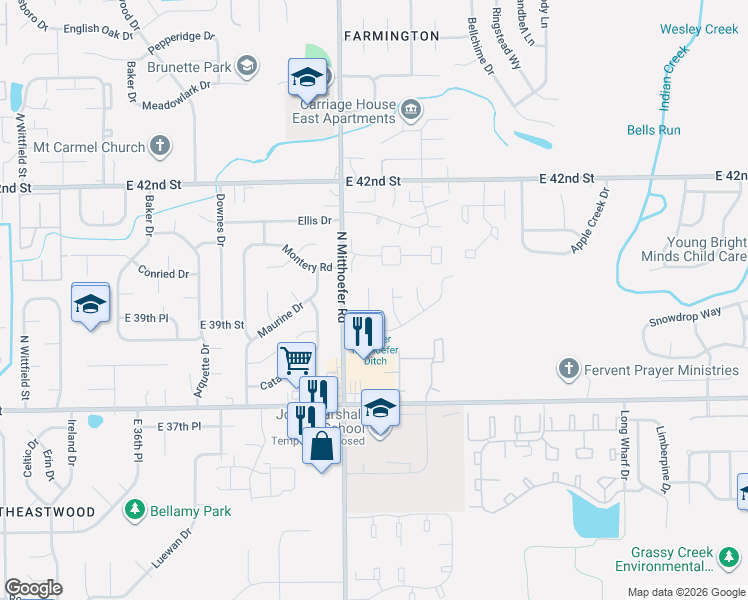 map of restaurants, bars, coffee shops, grocery stores, and more near 3920 Kivet Court in Indianapolis