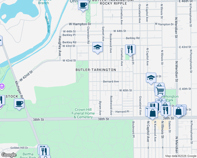 map of restaurants, bars, coffee shops, grocery stores, and more near 530 Bernard Avenue in Indianapolis