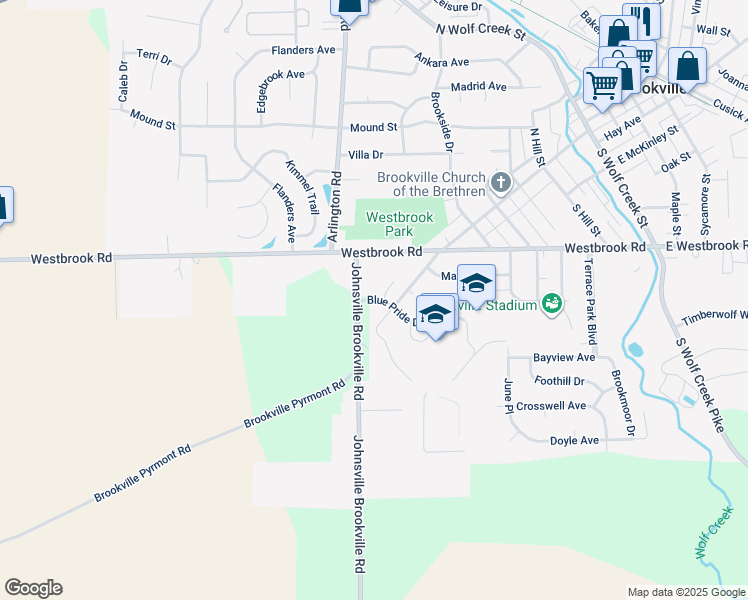 map of restaurants, bars, coffee shops, grocery stores, and more near 120 Blue Pride Drive in Brookville