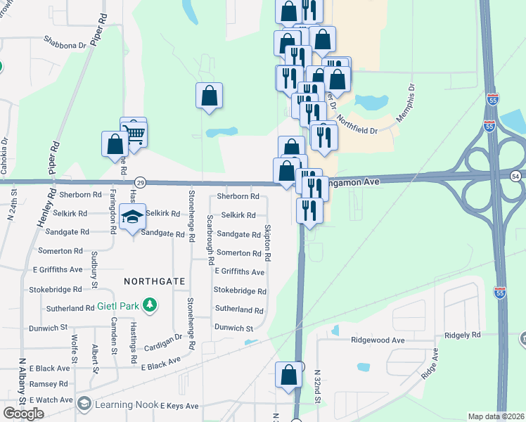 map of restaurants, bars, coffee shops, grocery stores, and more near 2080 Skipton Road in Springfield