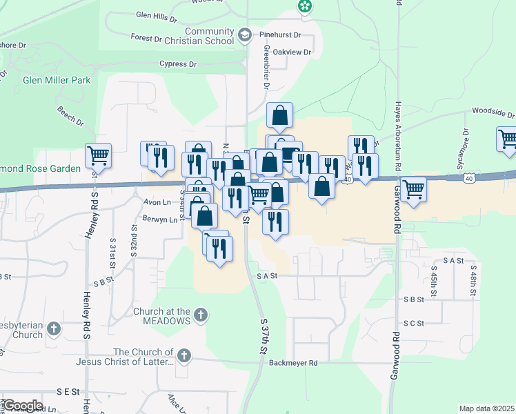 map of restaurants, bars, coffee shops, grocery stores, and more near 3701 National Road East in Richmond