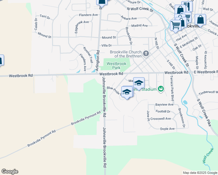map of restaurants, bars, coffee shops, grocery stores, and more near 120 Blue Pride Drive in Brookville