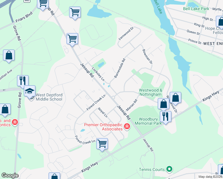 map of restaurants, bars, coffee shops, grocery stores, and more near 1110 Barnesdale Road in Woodbury