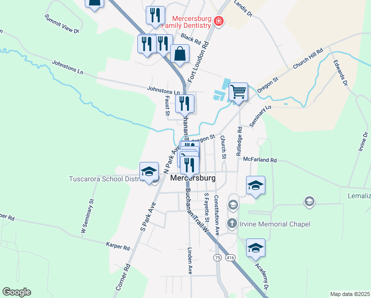 map of restaurants, bars, coffee shops, grocery stores, and more near 48 North Main Street in Mercersburg