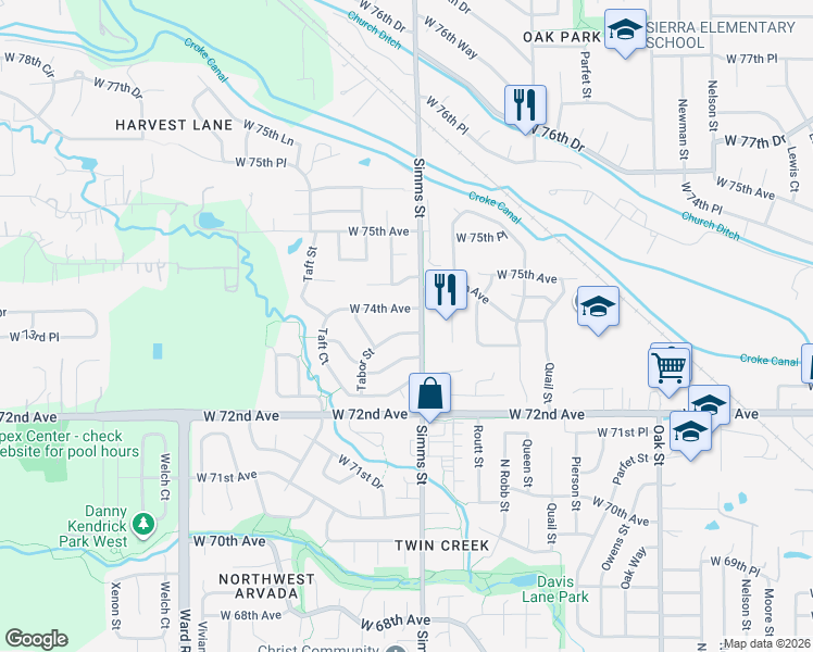 map of restaurants, bars, coffee shops, grocery stores, and more near 11600 West 73rd Place in Arvada