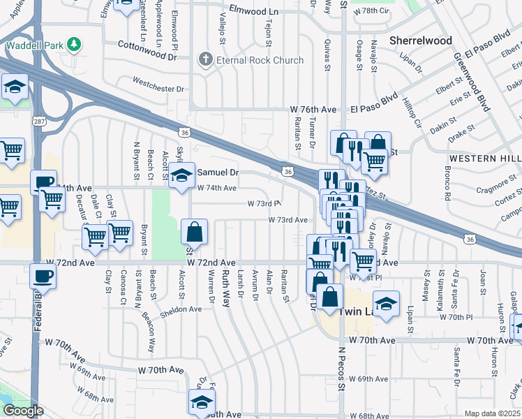 map of restaurants, bars, coffee shops, grocery stores, and more near 1961 West 73rd Avenue in Denver