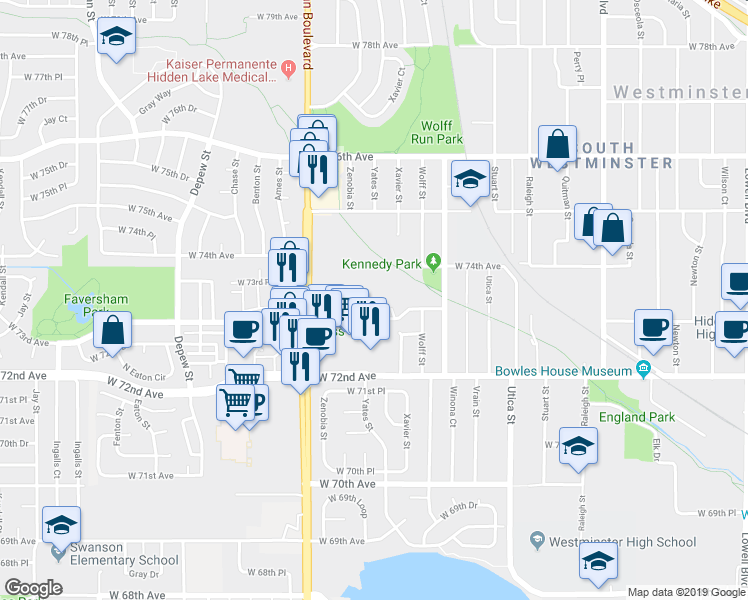 map of restaurants, bars, coffee shops, grocery stores, and more near 5003 West 73rd Avenue in Westminster