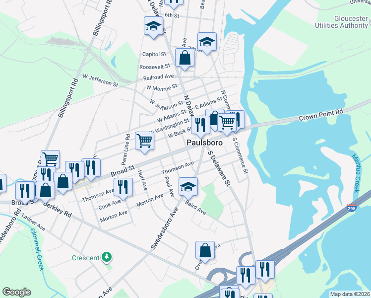 map of restaurants, bars, coffee shops, grocery stores, and more near 30 West Broad Street in Paulsboro