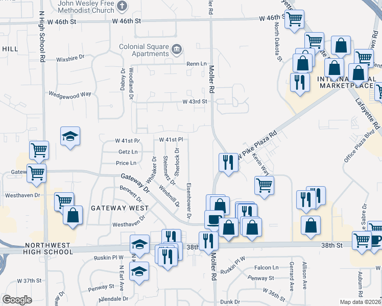 map of restaurants, bars, coffee shops, grocery stores, and more near 4043 Eisenhower Drive in Indianapolis
