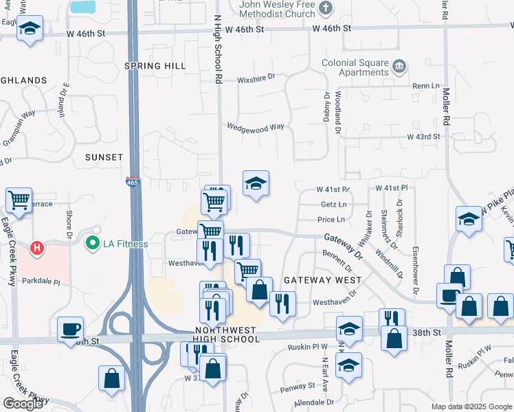 map of restaurants, bars, coffee shops, grocery stores, and more near 6150 Gateway Dr in Indianapolis