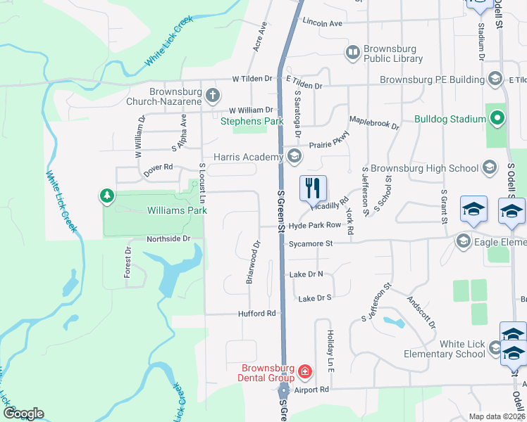 map of restaurants, bars, coffee shops, grocery stores, and more near 927 Briarwood Drive in Brownsburg
