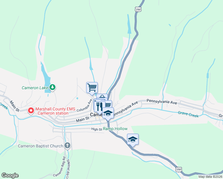 map of restaurants, bars, coffee shops, grocery stores, and more near 1 West Avenue in Cameron