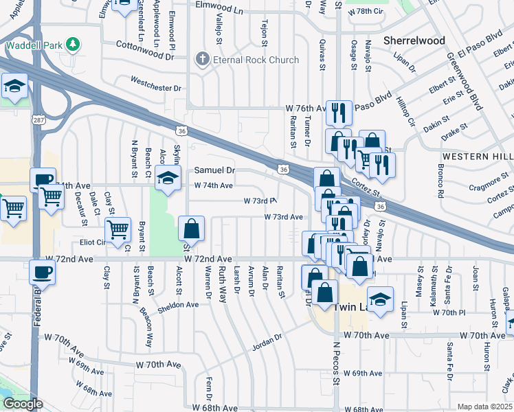 map of restaurants, bars, coffee shops, grocery stores, and more near 1961 West 73rd Avenue in Denver