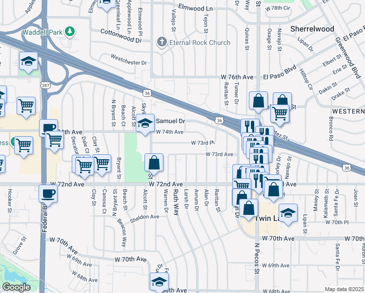 map of restaurants, bars, coffee shops, grocery stores, and more near 2221 West 73rd Avenue in Denver