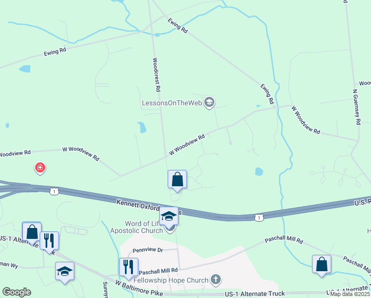 map of restaurants, bars, coffee shops, grocery stores, and more near 281 West Woodview Road in West Grove