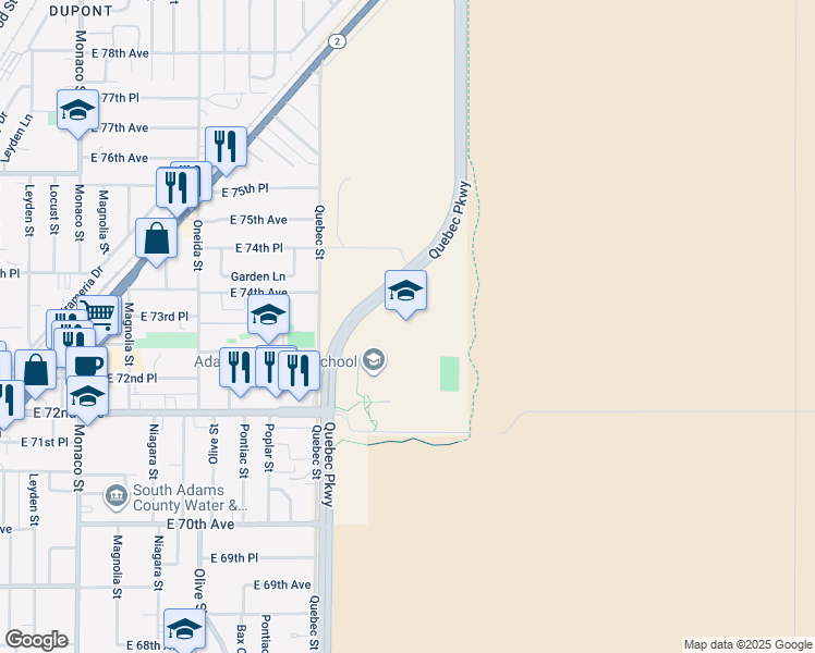 map of restaurants, bars, coffee shops, grocery stores, and more near 7200 Quebec Parkway in Commerce City