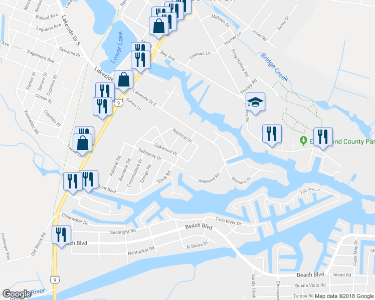 map of restaurants, bars, coffee shops, grocery stores, and more near 417 Riverview Rd in Forked River