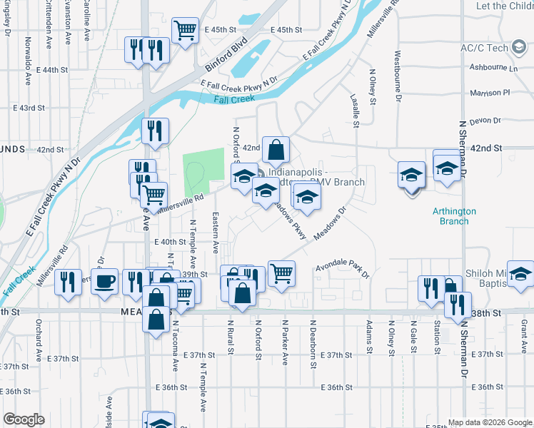 map of restaurants, bars, coffee shops, grocery stores, and more near 3960 Meadows Drive in Indianapolis