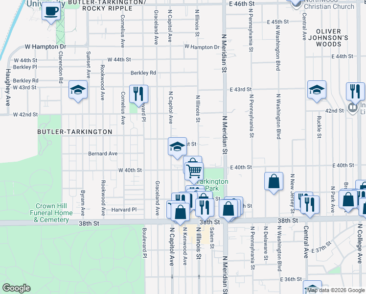 map of restaurants, bars, coffee shops, grocery stores, and more near 4040 North Illinois Street in Indianapolis