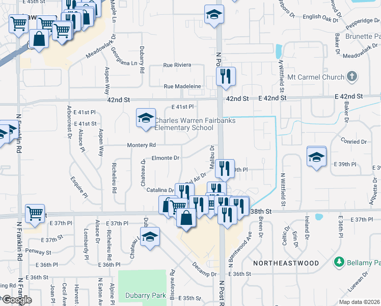 map of restaurants, bars, coffee shops, grocery stores, and more near 8816 Elmonte Drive in Indianapolis