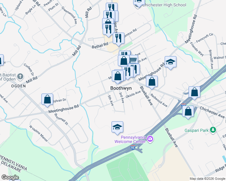 map of restaurants, bars, coffee shops, grocery stores, and more near Meetinghouse Road in Marcus Hook