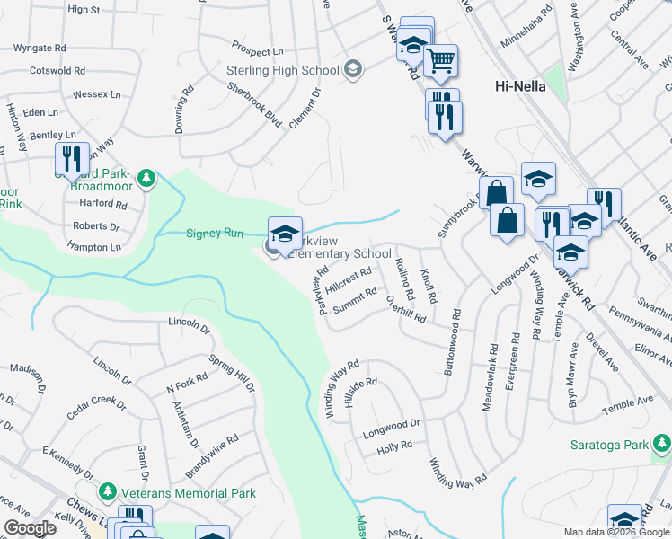 map of restaurants, bars, coffee shops, grocery stores, and more near 13 Hillcrest Road in Stratford