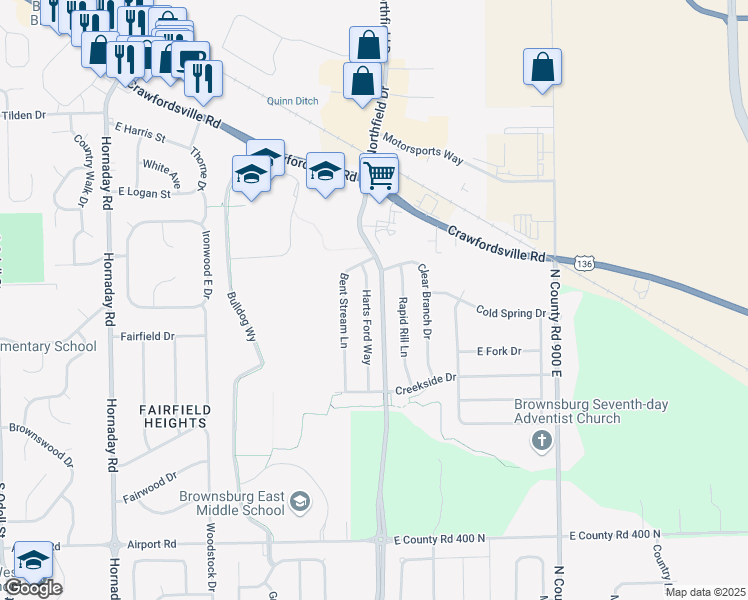 map of restaurants, bars, coffee shops, grocery stores, and more near 205 Harts Ford Way in Brownsburg