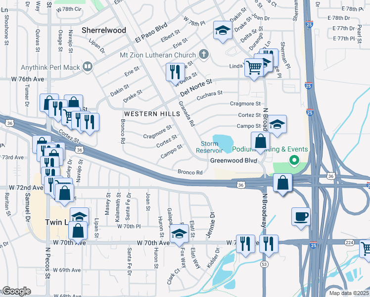 map of restaurants, bars, coffee shops, grocery stores, and more near 7331 Greenwood Boulevard in Denver