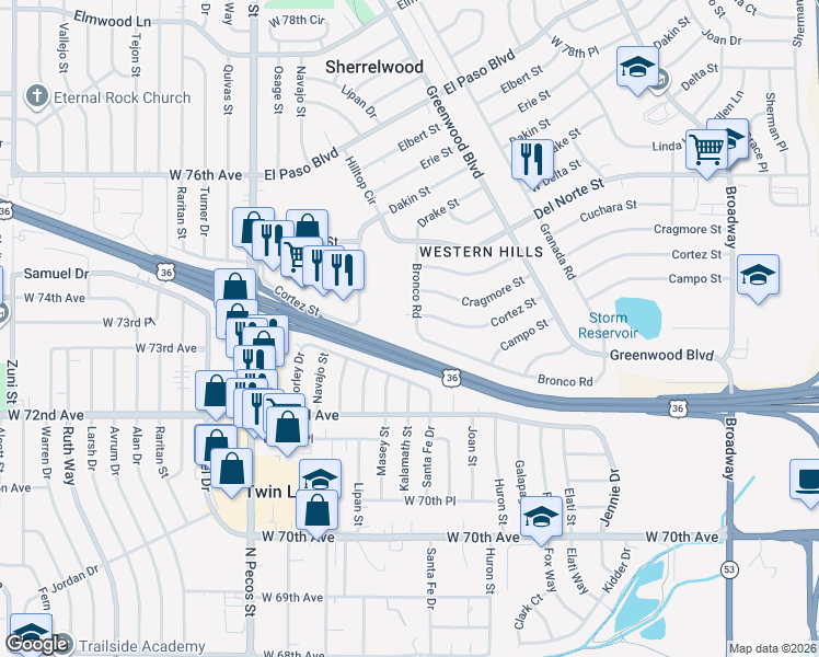 map of restaurants, bars, coffee shops, grocery stores, and more near 1060 Bronco Road in Denver