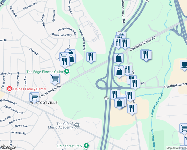 map of restaurants, bars, coffee shops, grocery stores, and more near Deptford Center Road in Deptford Township