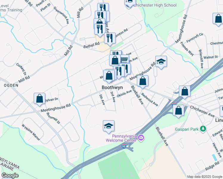 map of restaurants, bars, coffee shops, grocery stores, and more near in Boothwyn