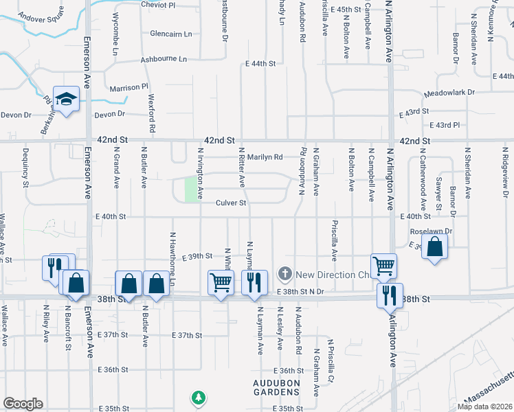 map of restaurants, bars, coffee shops, grocery stores, and more near 5530 East 40th Street in Indianapolis