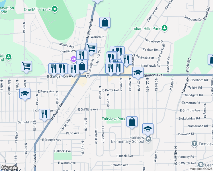 map of restaurants, bars, coffee shops, grocery stores, and more near 2101 North 17th Street in Springfield