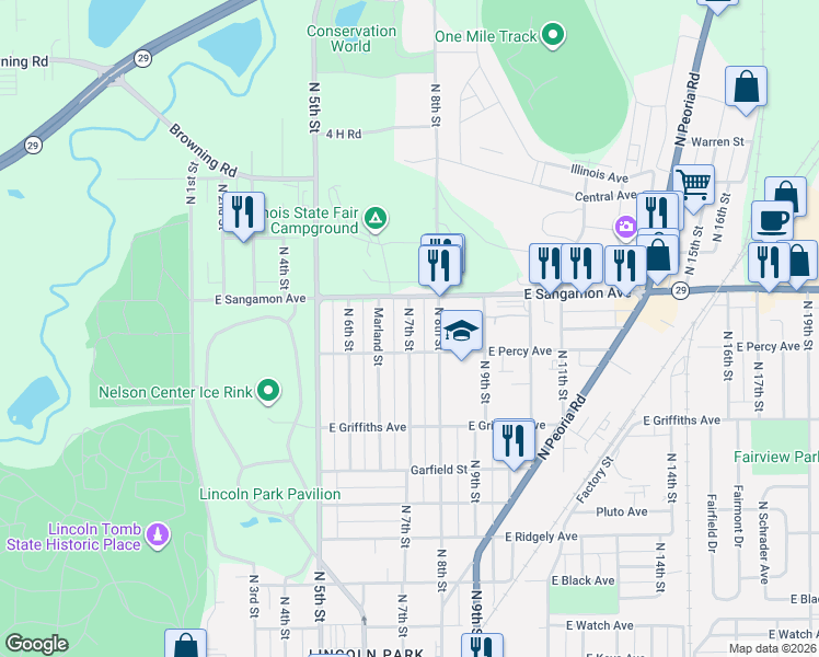 map of restaurants, bars, coffee shops, grocery stores, and more near 2109 North 7th Street in Springfield