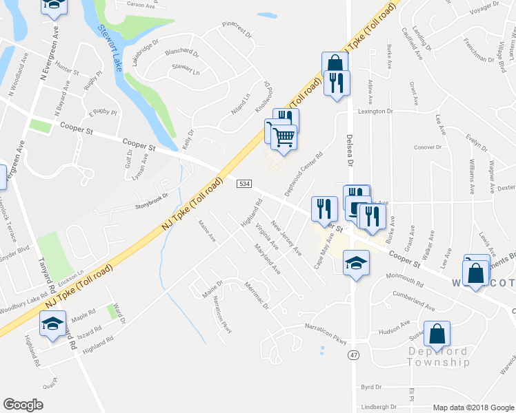 map of restaurants, bars, coffee shops, grocery stores, and more near 775 New Jersey Avenue in Woodbury