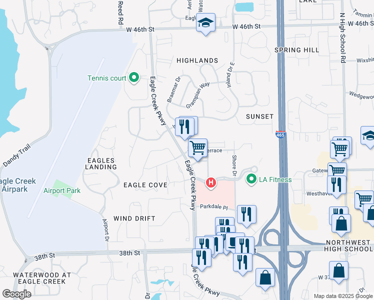 map of restaurants, bars, coffee shops, grocery stores, and more near 7038 Shore Terrace in Indianapolis