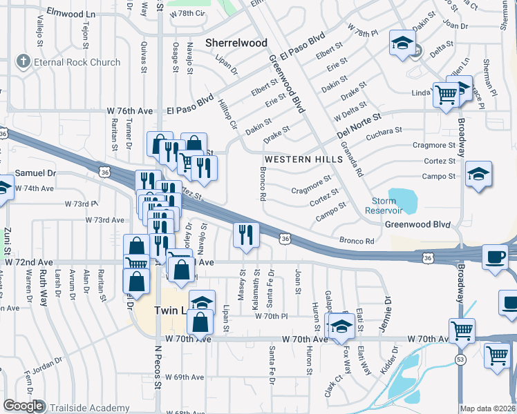 map of restaurants, bars, coffee shops, grocery stores, and more near 1060 Bronco Road in Denver