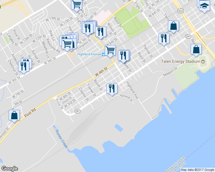 map of restaurants, bars, coffee shops, grocery stores, and more near 212 Harwick Street in Chester