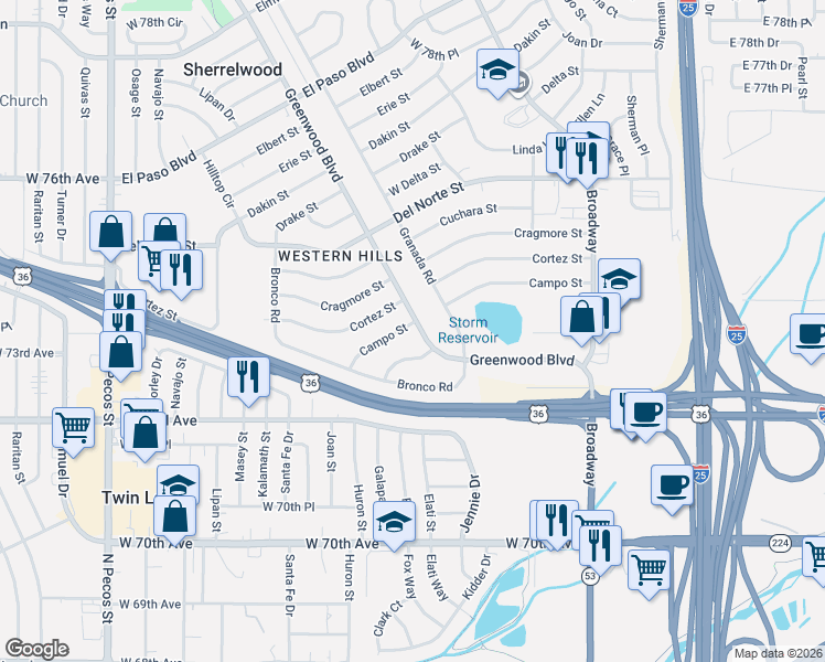 map of restaurants, bars, coffee shops, grocery stores, and more near 7331 Greenwood Boulevard in Denver