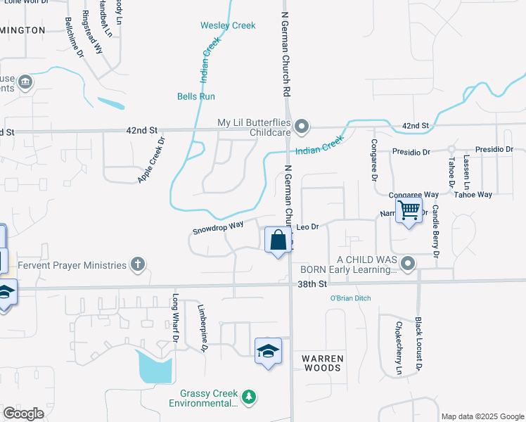 map of restaurants, bars, coffee shops, grocery stores, and more near 10911 Snowdrop Way in Indianapolis