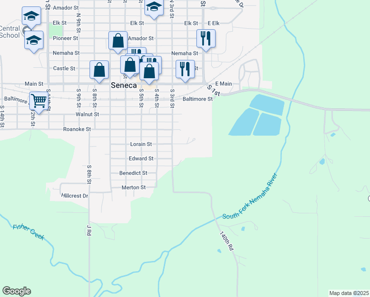 map of restaurants, bars, coffee shops, grocery stores, and more near 202 Lorain Street in Seneca