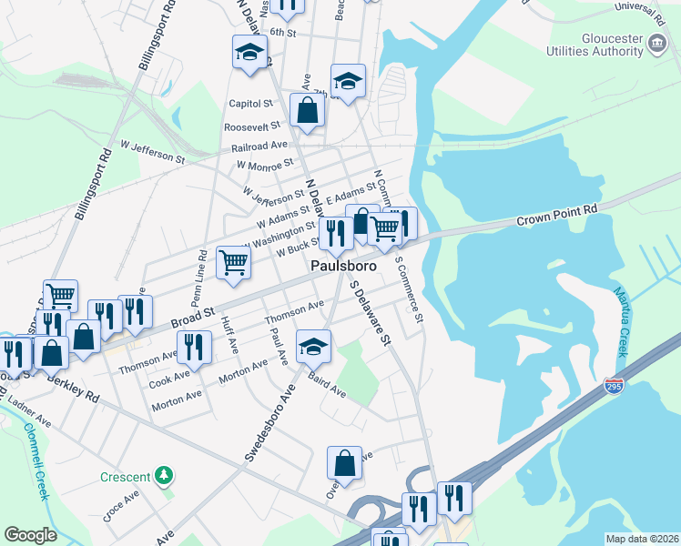 map of restaurants, bars, coffee shops, grocery stores, and more near in Paulsboro