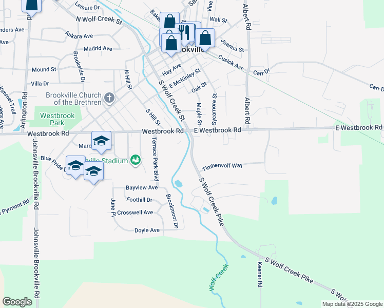 map of restaurants, bars, coffee shops, grocery stores, and more near 401 South Wolf Creek Street in Brookville