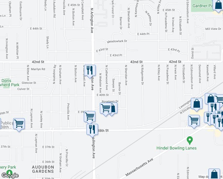 map of restaurants, bars, coffee shops, grocery stores, and more near 4018 Sawyer Street in Indianapolis