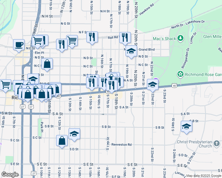 map of restaurants, bars, coffee shops, grocery stores, and more near 1725 East Main Street in Richmond