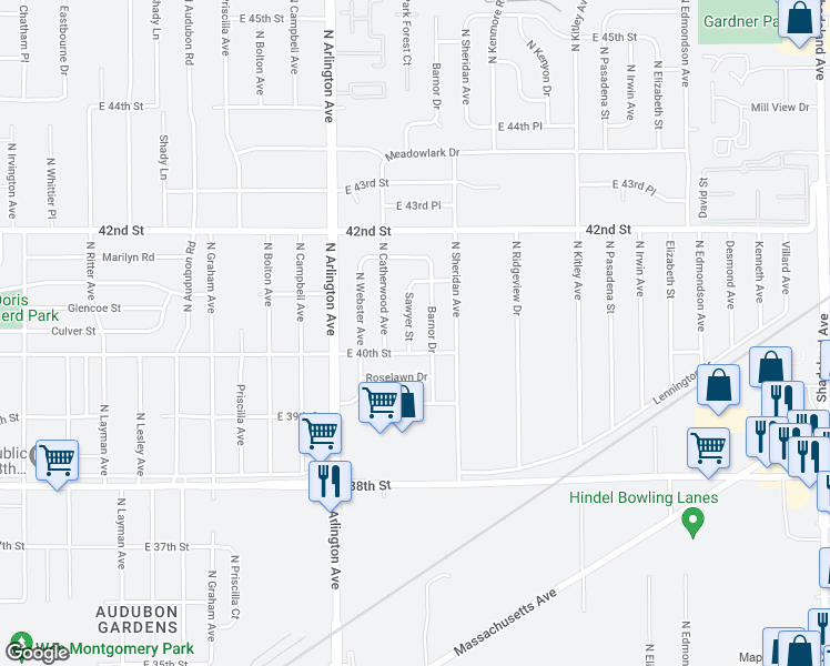 map of restaurants, bars, coffee shops, grocery stores, and more near 4001 Barnor Drive in Indianapolis