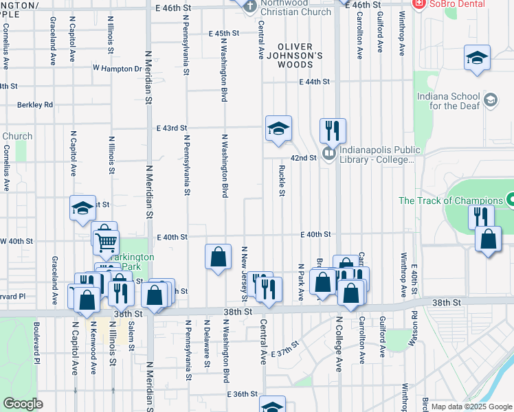map of restaurants, bars, coffee shops, grocery stores, and more near 4033 Central Avenue in Indianapolis