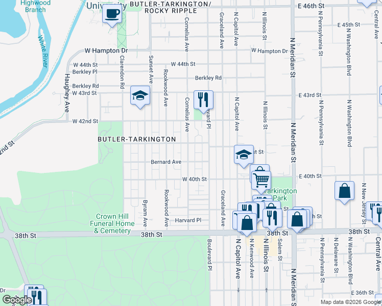 map of restaurants, bars, coffee shops, grocery stores, and more near 4044 Cornelius Avenue in Indianapolis