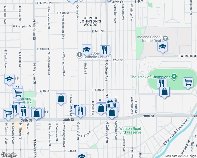 map of restaurants, bars, coffee shops, grocery stores, and more near 4044 Broadway Street in Indianapolis