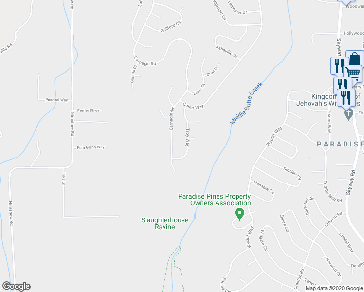 map of restaurants, bars, coffee shops, grocery stores, and more near 14335 Troy Way in Magalia